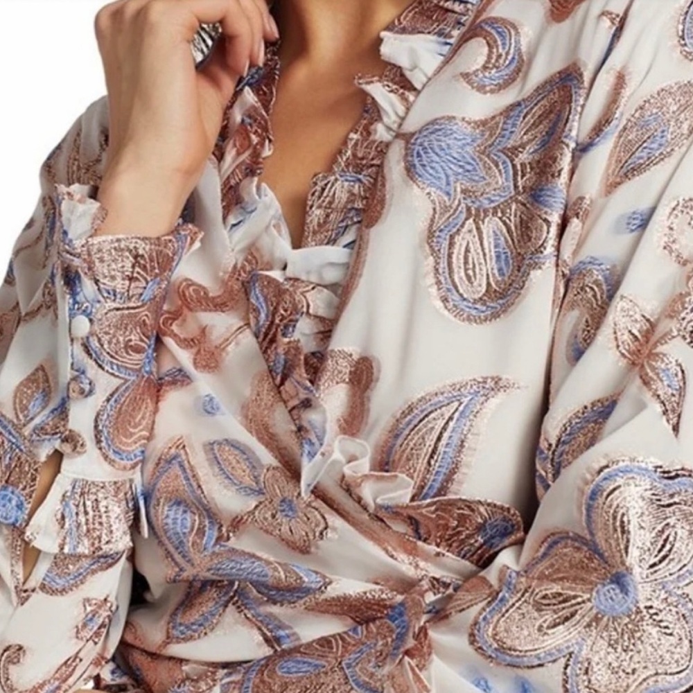 Alexis Pink Paisley Satin Ruffle Tie-Front Blouse - Picture 4 of 11